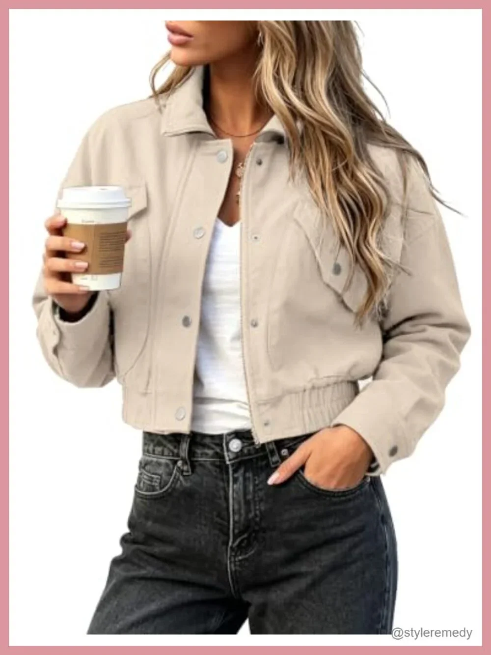 Cropped Denim Bomber Jacket with Pockets for Women